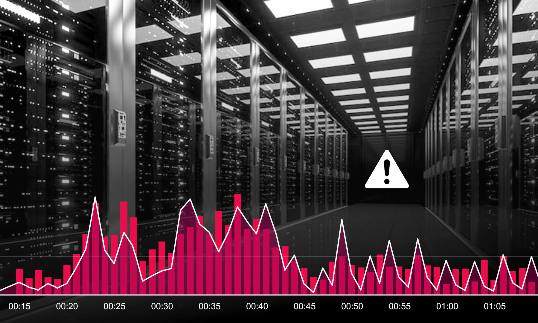 A graph displaying the number of data centers in the United States, with a red triangle symbol indicating a warning.