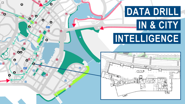 A map of a city with a large body of water, showing the location of various buildings and streets.