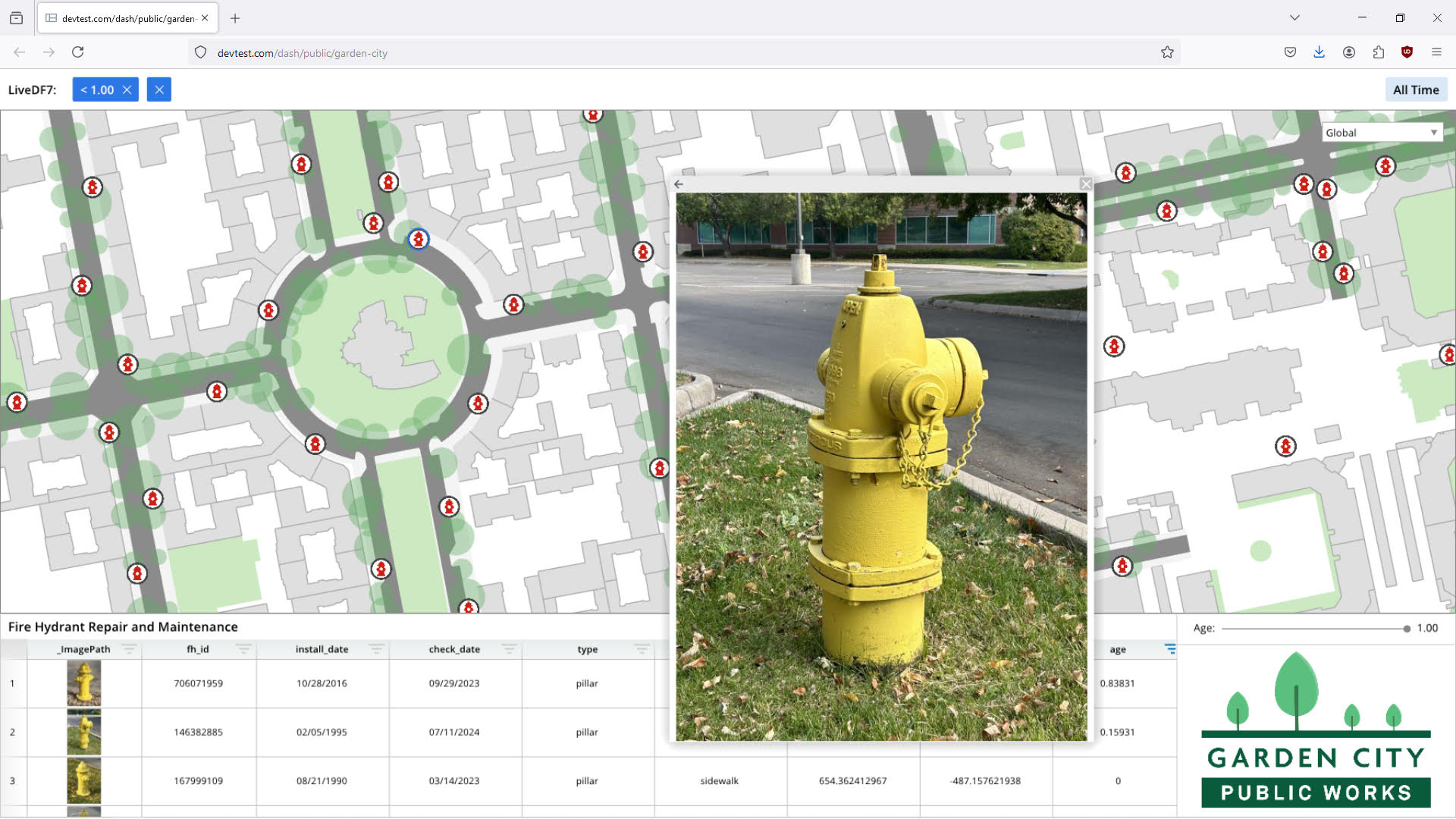 A yellow fire hydrant is situated on a grassy area near a street. The fire hydrant is located in front of a building, and there is a map nearby, possibly indicating the area's layout or providing directions.
