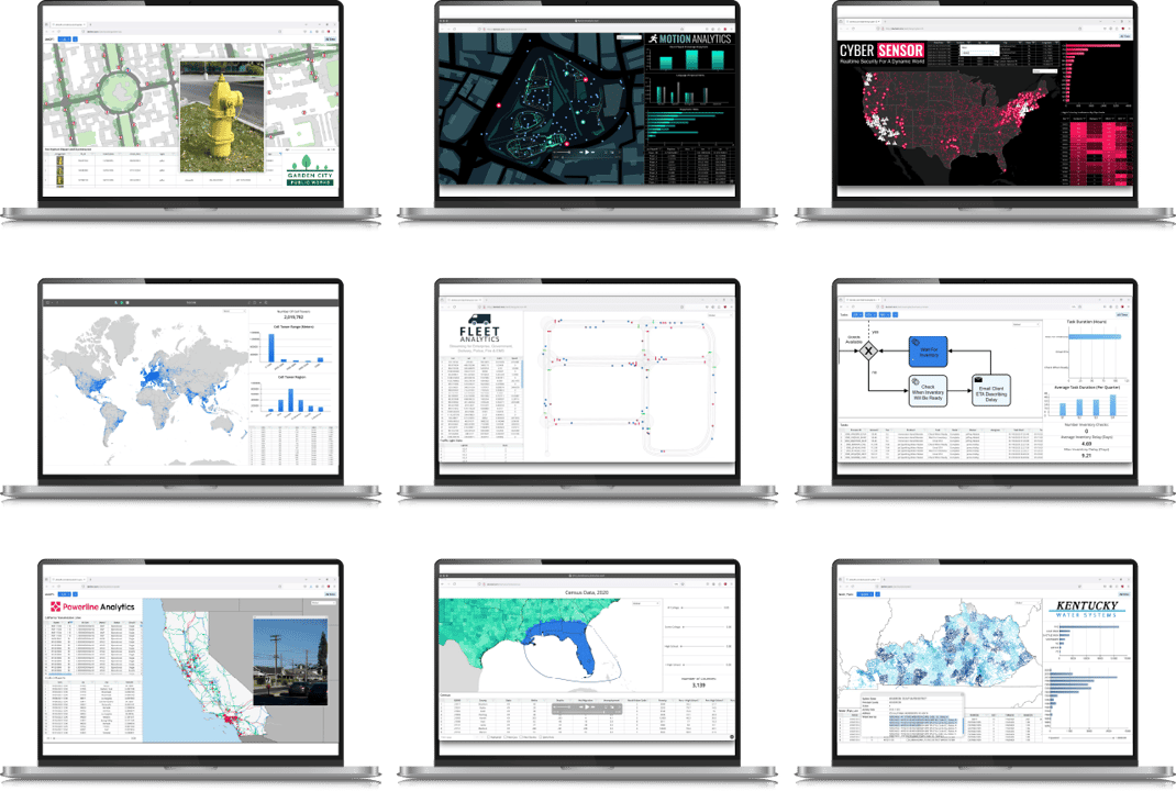 A collection of six laptop screens displaying various data and visuals, including maps, graphs, and other information. The screens are arranged in a grid pattern, showcasing the different content on each screen.